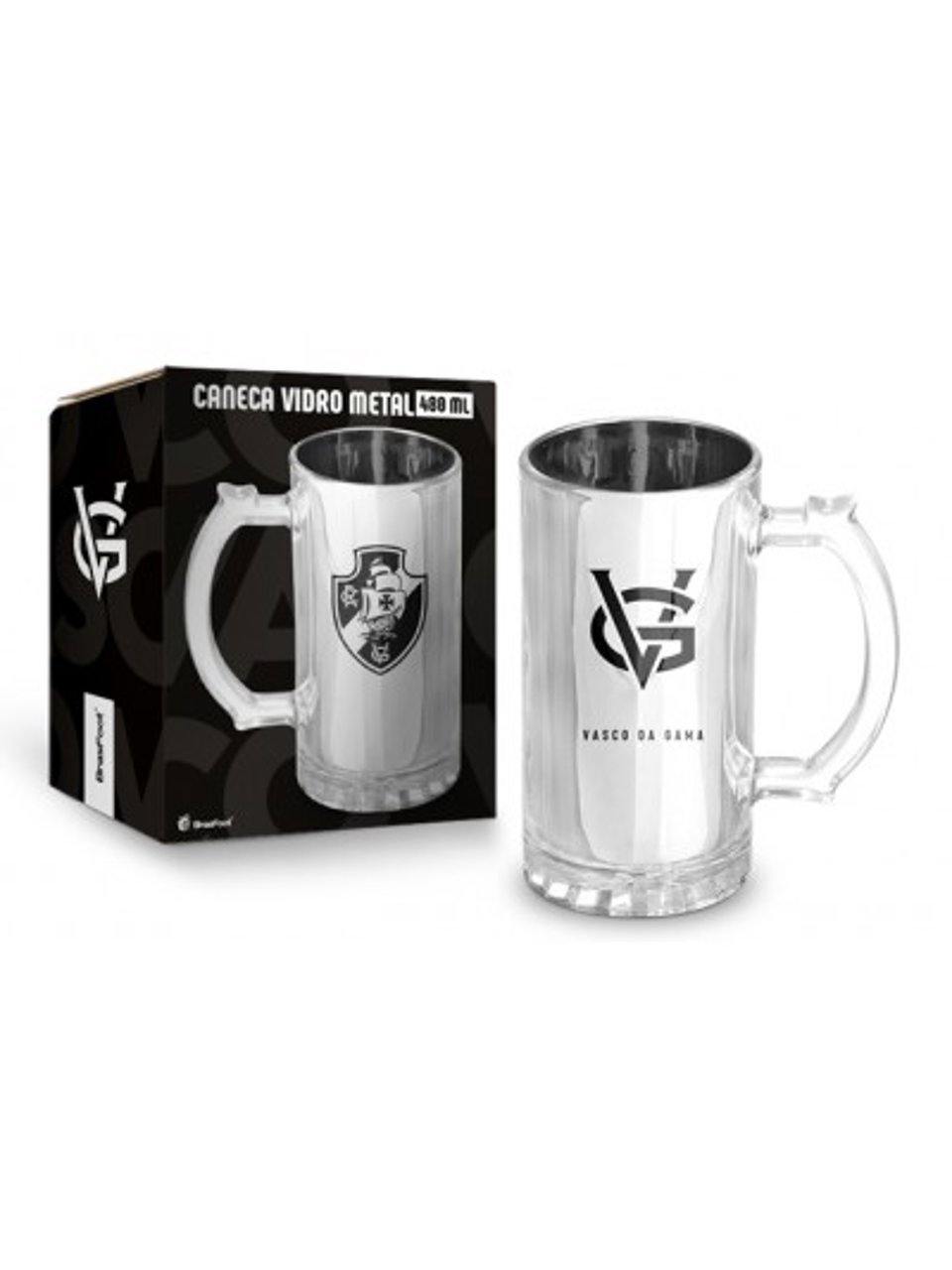 Caneca Vasco Vidro Metalic Brasfoot 480ml